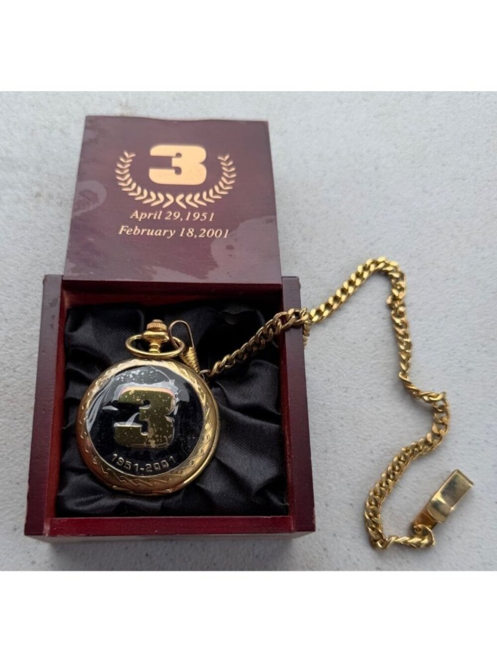 Dale Earnhardt #3 Memorial Pocket Watch 1951-2001 in Wooden Display Case 1.75"W